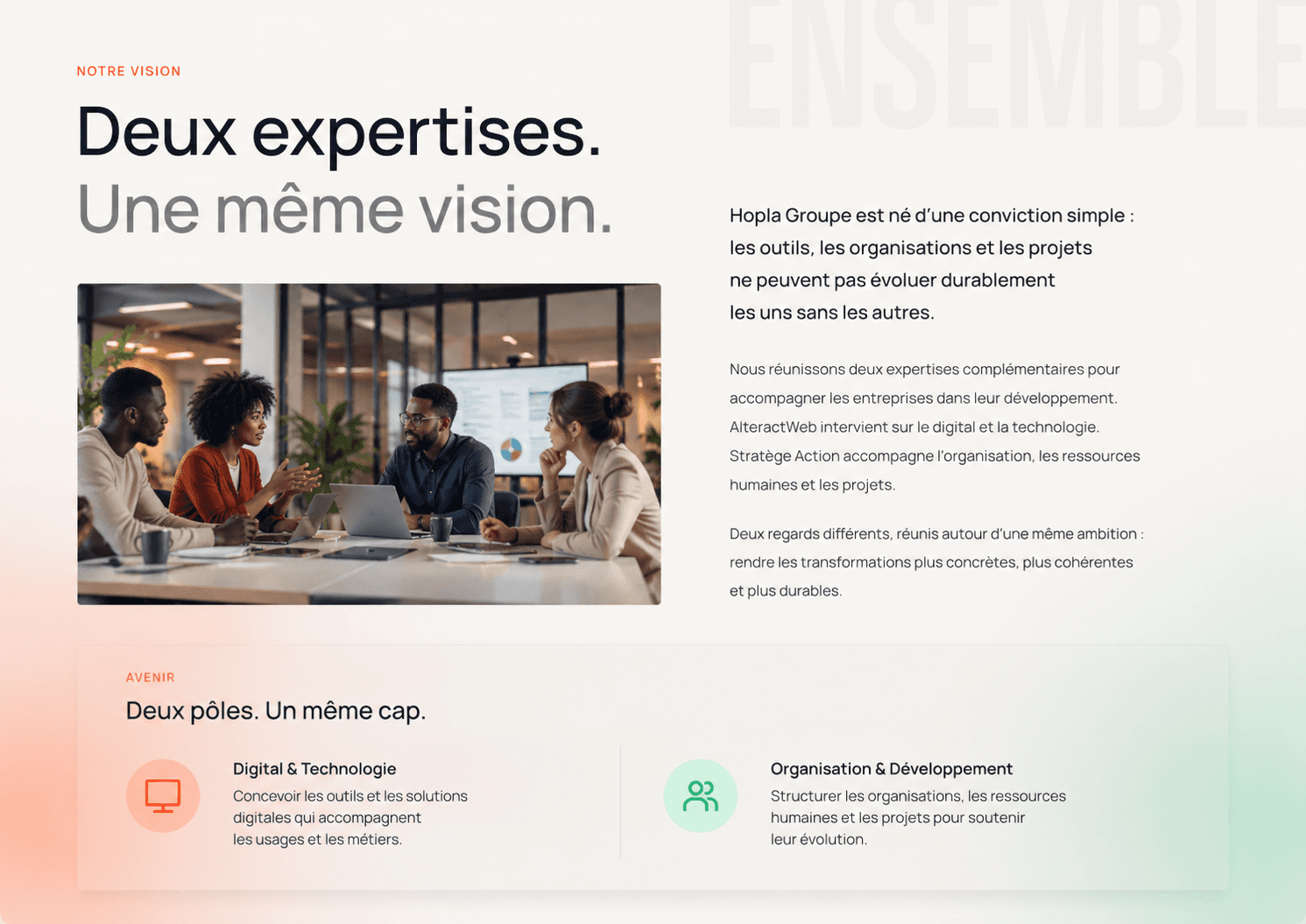Équipe en échange autour du développement et de la transformation d’une organisation